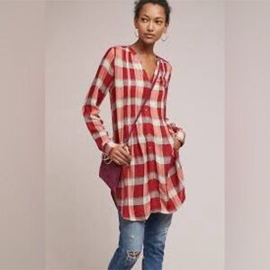 ANTHRO AKEMI + KIN Lucie Plaid Red Flannel Longlined Buttondown Top Tunic